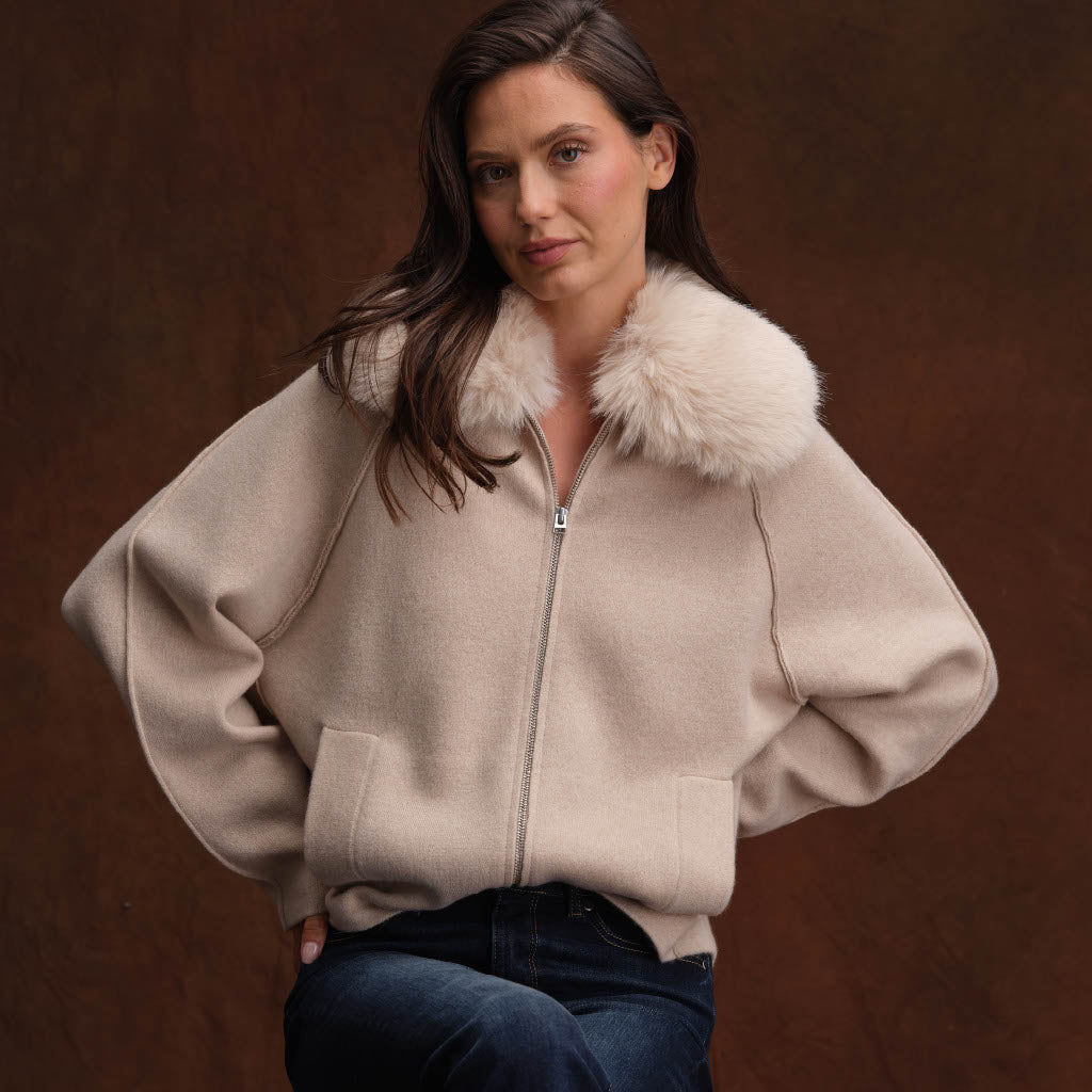 FAUX FUR COLLAR CASHMERE ZIP JACKET – The Cashmere Sale