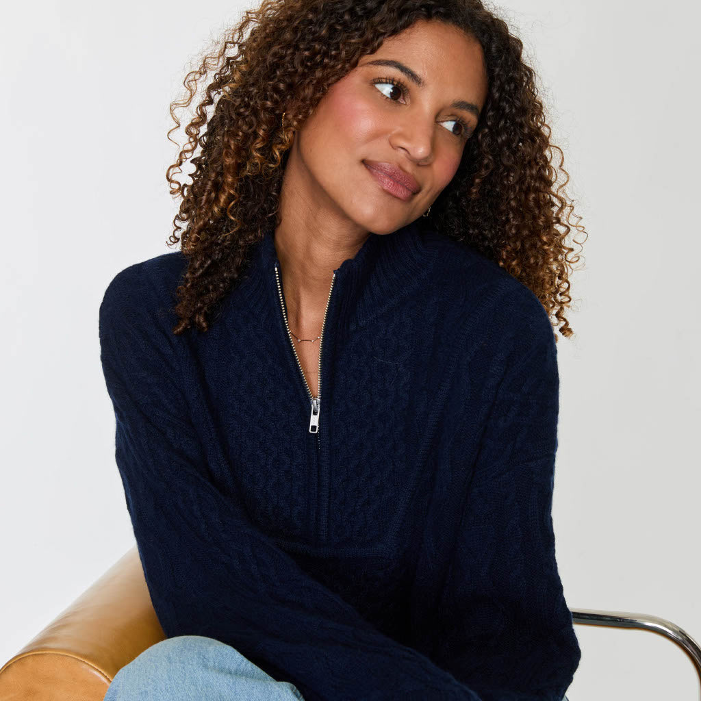 CROPPED CABLE QUARTER ZIP MOCK