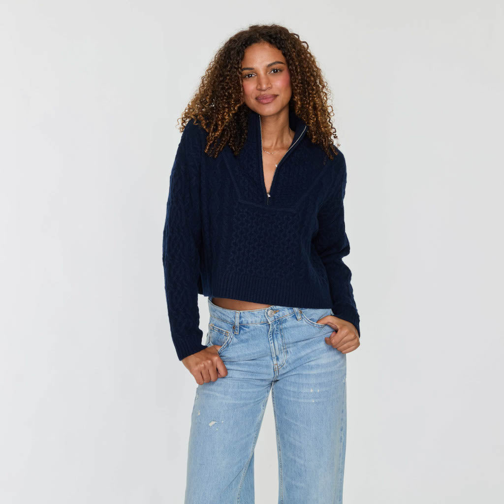 CROPPED CABLE QUARTER ZIP MOCK