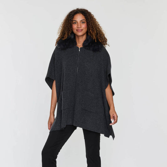FAUX FUR COLLAR ZIP PONCHO  