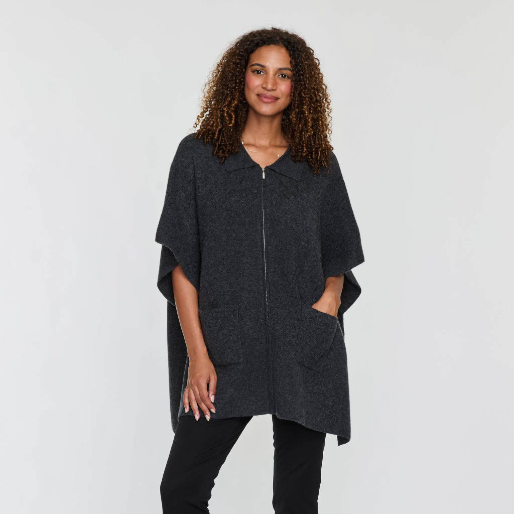 FAUX FUR COLLAR ZIP PONCHO