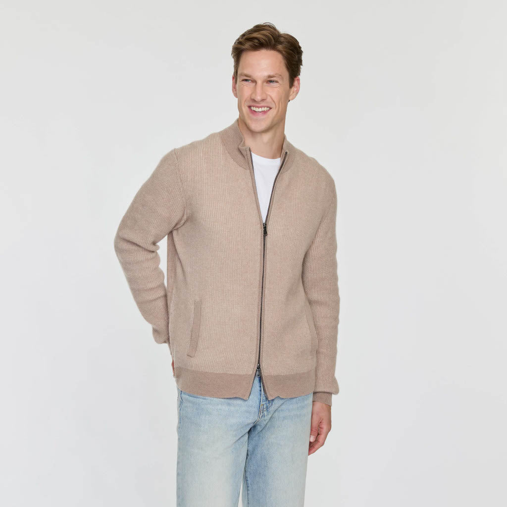 MEN'S PLATED RIB ZIP CARDIGAN