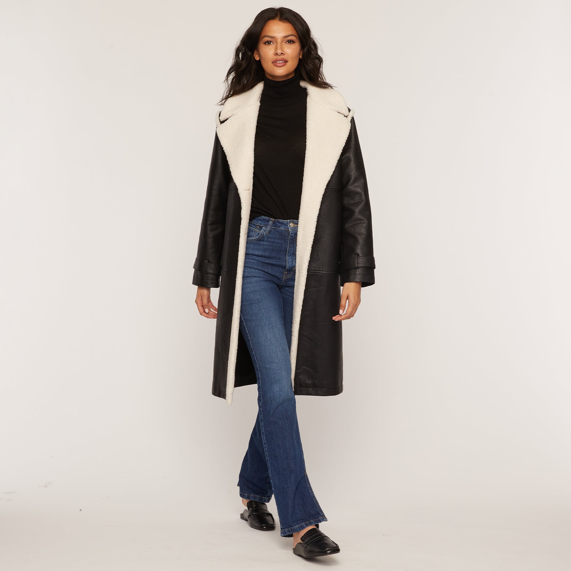 Faux Leather Shearling Trim Coat