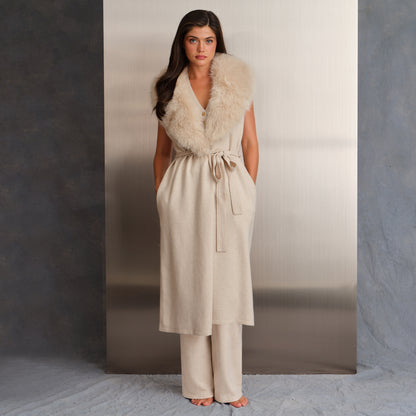 FAUX FUR COLLAR BELTED VEST