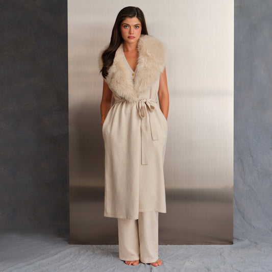 FAUX FUR COLLAR BELTED VEST  