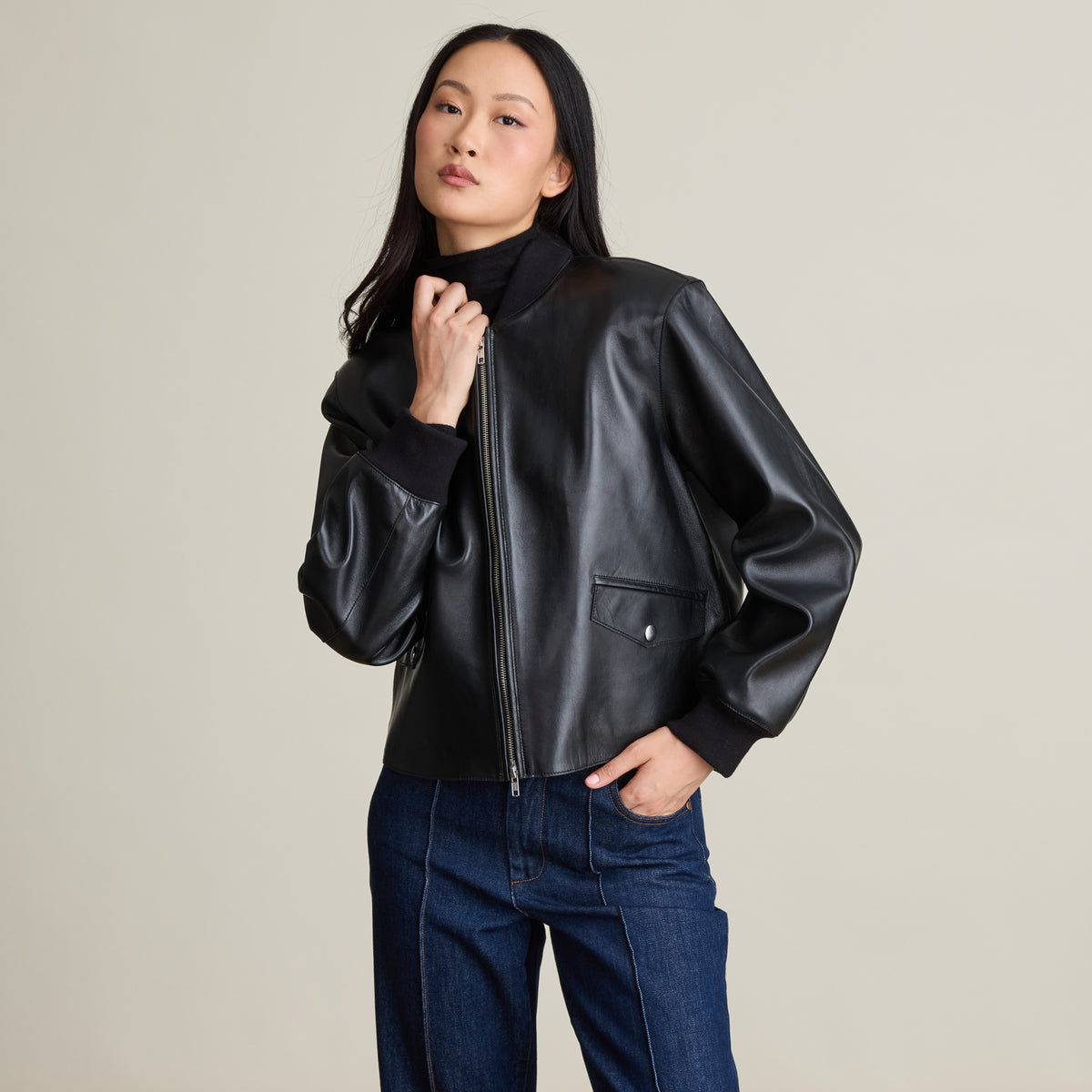 NEIMAN MARCUS® REAL LEATHER CROPPED BOMBER JACKET