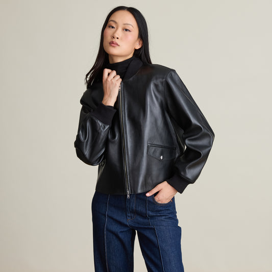 NEIMAN MARCUS® REAL LEATHER CROPPED BOMBER JACKET  