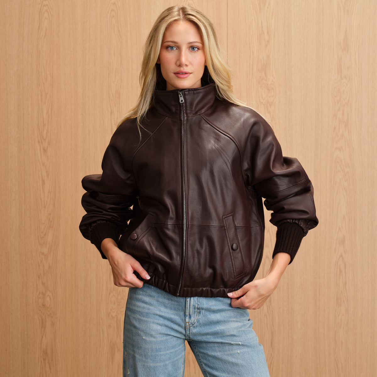 NEIMAN MARCUS® REAL LEATHER RELAXED MOCK NECK