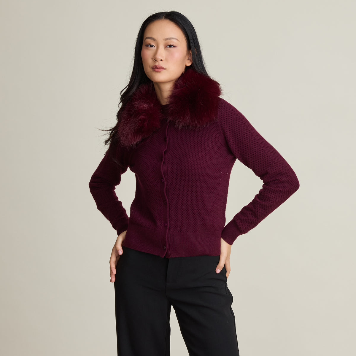 FAUX FUR COLLAR CARDIGAN