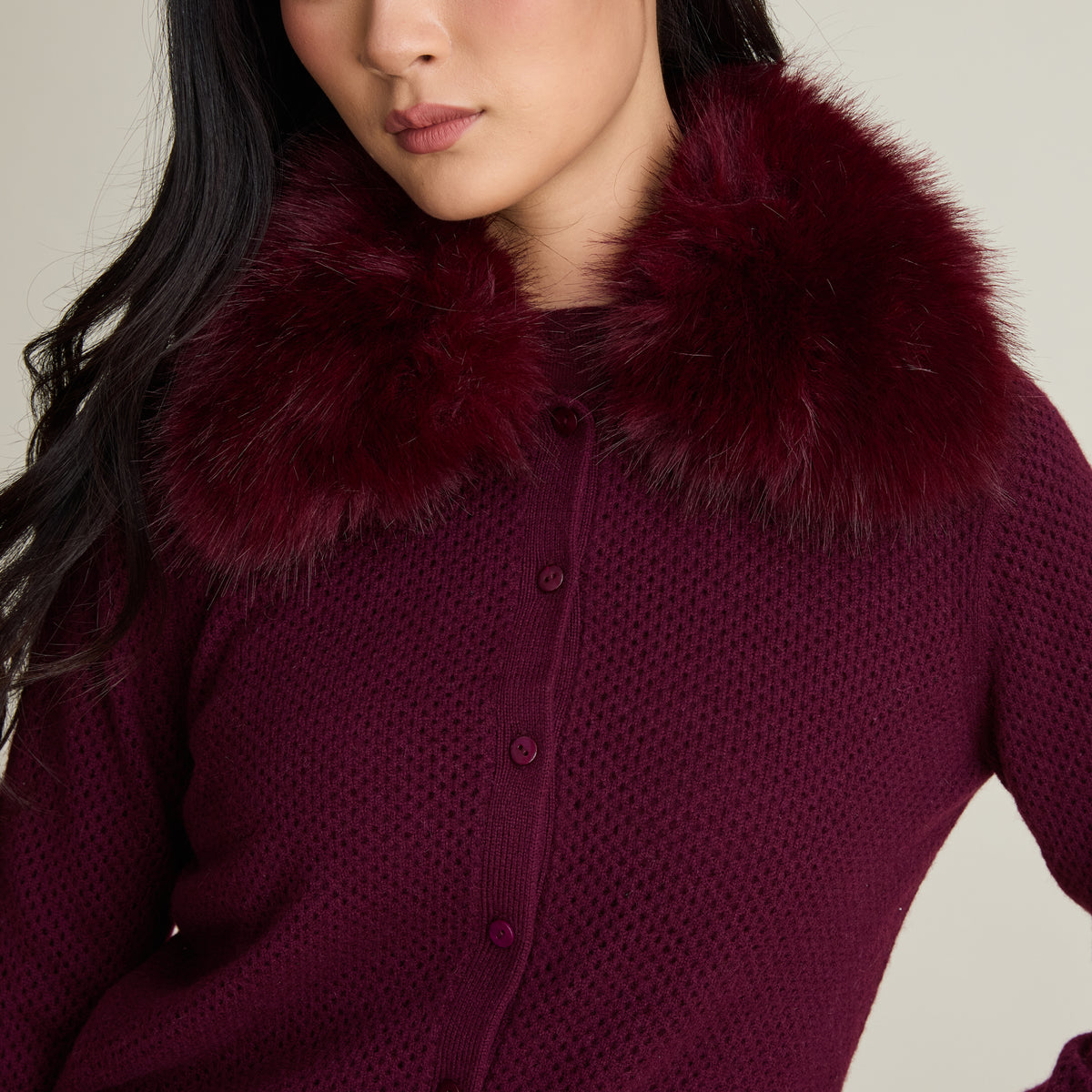 FAUX FUR COLLAR CARDIGAN