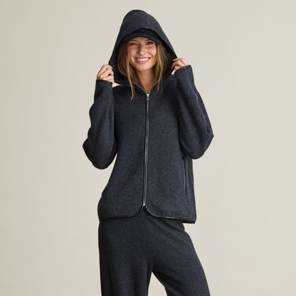 FAUX LEATHER TRIM HOOD ZIP JACKET