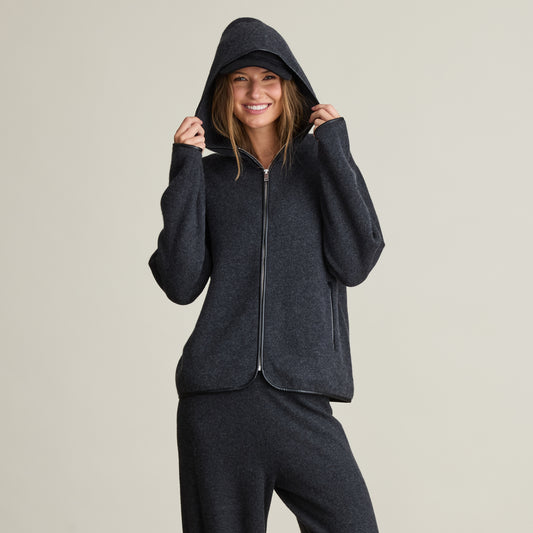 FAUX LEATHER TRIM HOOD ZIP JACKET  
