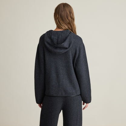 FAUX LEATHER TRIM HOOD ZIP JACKET