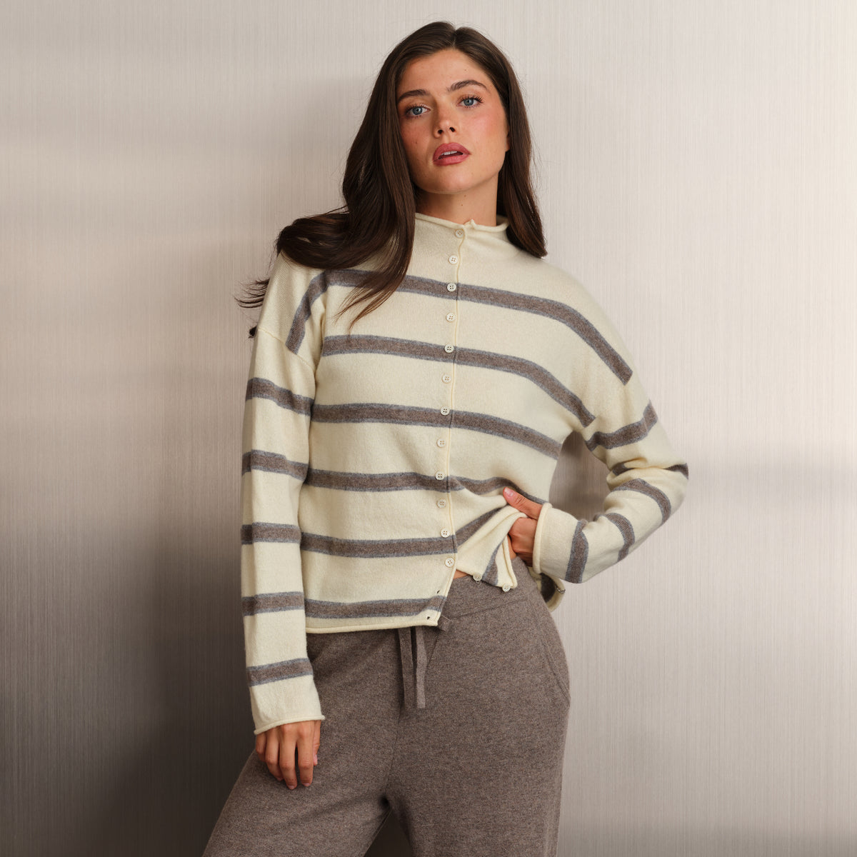 STRIPE MOCK NECK CARDIGAN