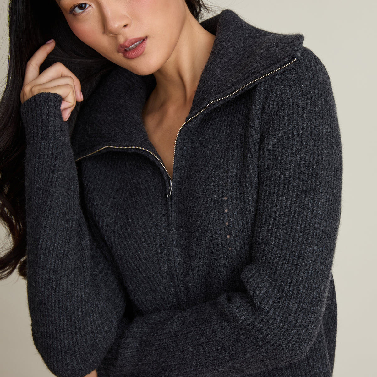 POINTELLE ZIP CARDIGAN