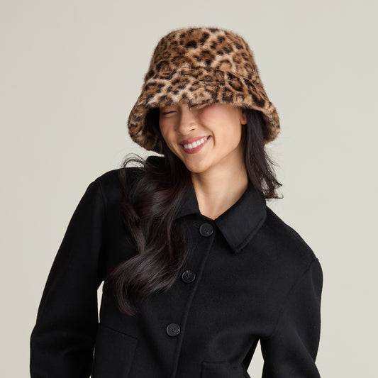 LEOPARD FAUX FUR BUCKET HAT  