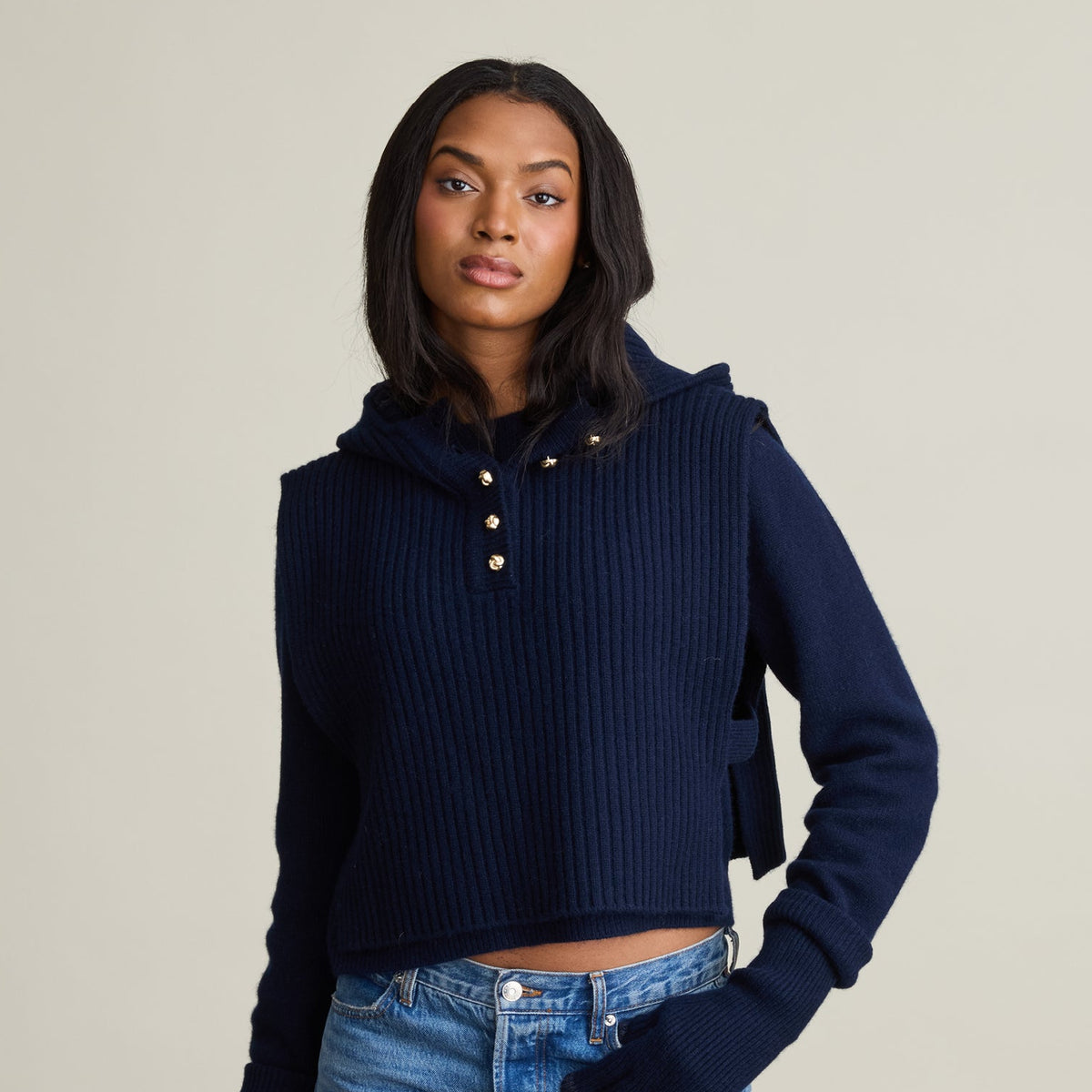 RIB BUTTON BIB HOODIE
