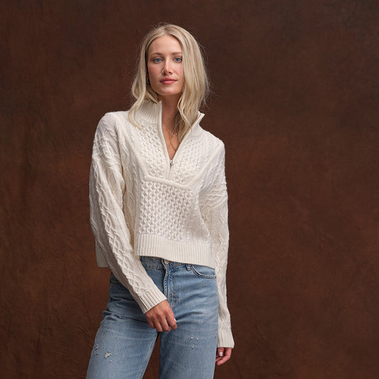 CROPPED CABLE QUARTER ZIP MOCK  